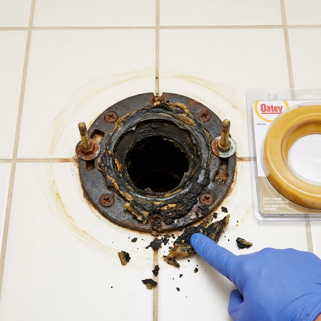 Failed wax ring showing water seepage at the base of a toilet in a Glenwood, IA home