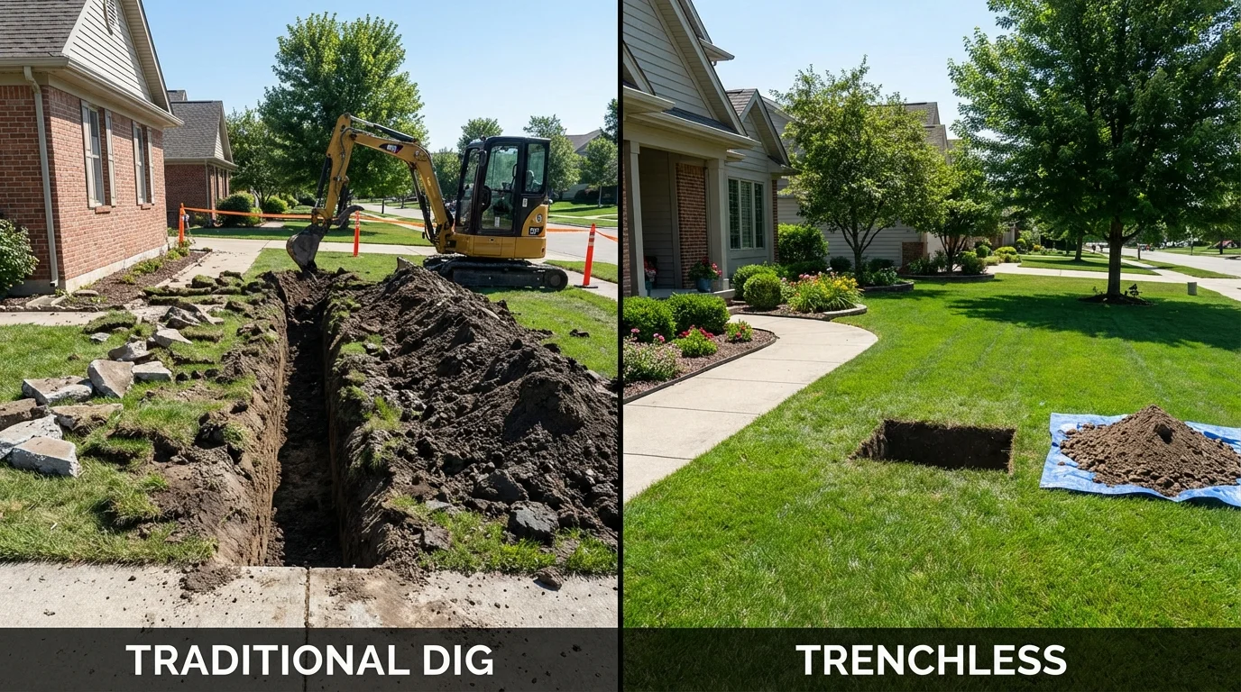 Trenchless sewer repair with minimal yard damage versus traditional excavation in Glenwood, IA