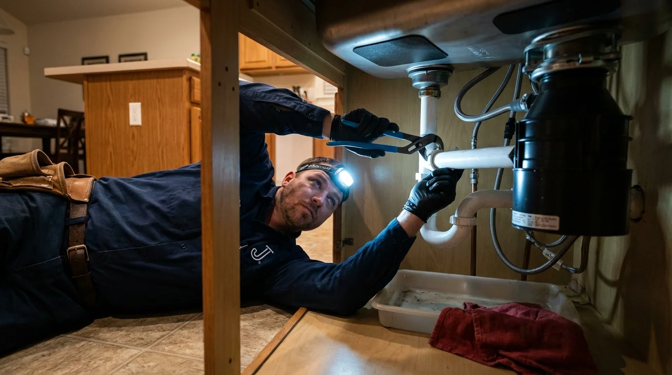 P-trap and supply line connections under a kitchen sink showing a common leak point in Glenwood, IA